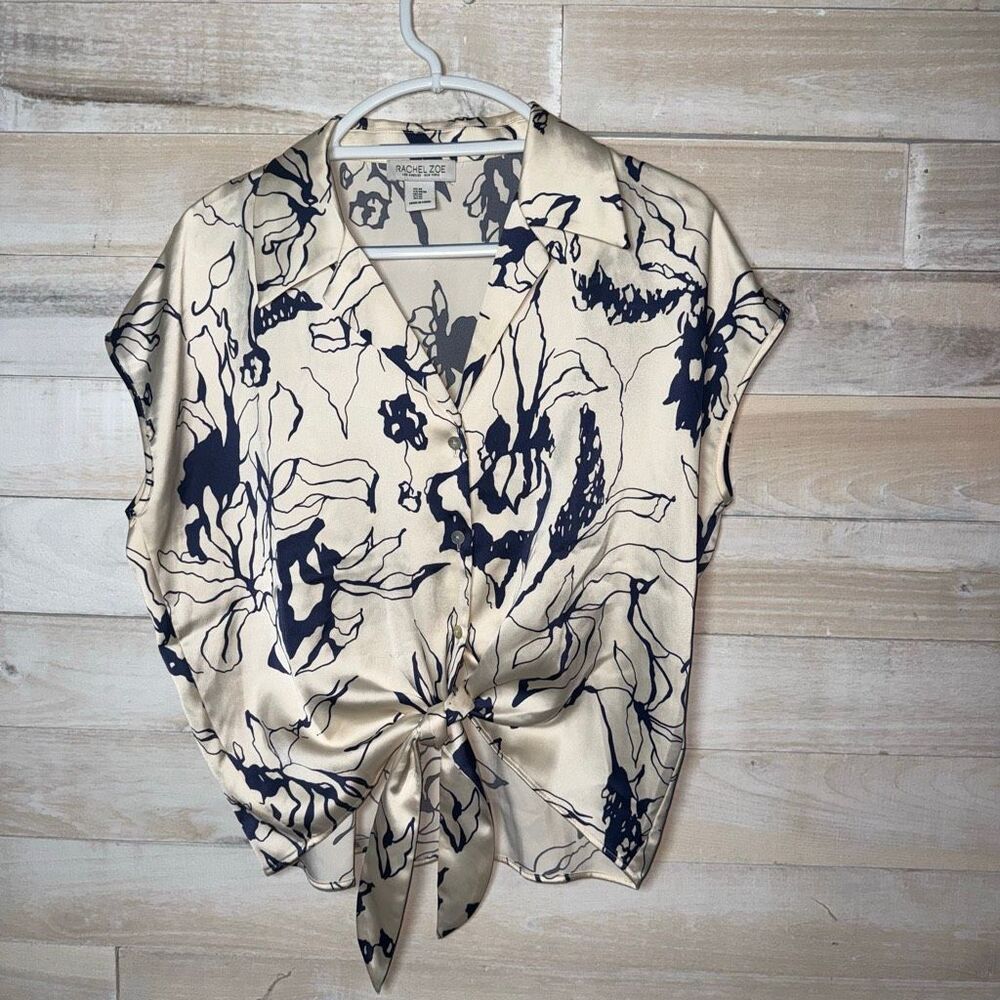Rachel Zoe Satin Front Tie Watercolor Blouse Size M